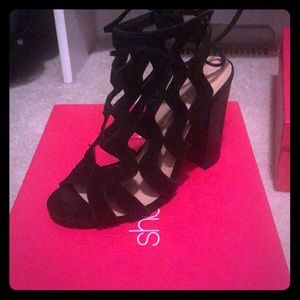 Black suede strappy heeled sandals